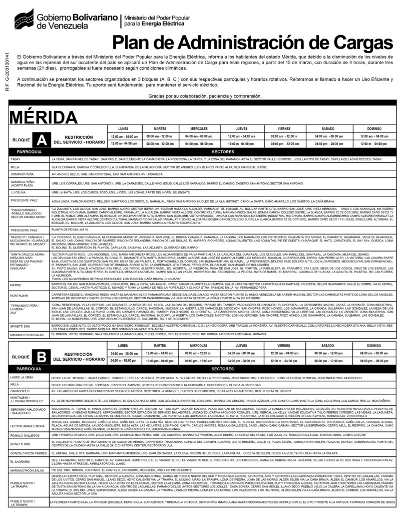 Conozca el cronograma de Administración de Carga para Mérida Diario