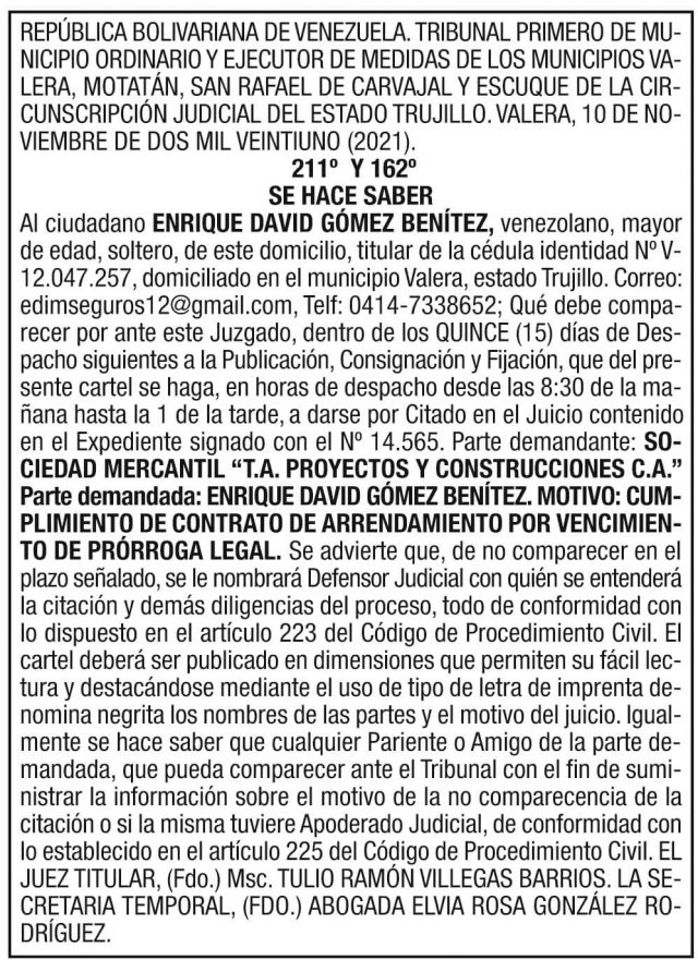 Cartel De Citaci N Enrique David G Mez Ben Tez Diario De Los Andes