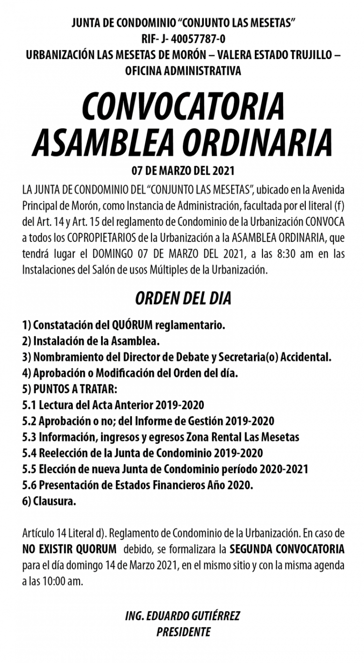 Convocatoria de Asamblea Junta de Condominio Conjunto Las Mesetas