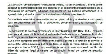 Asodegaa: Estación de Servicio La Creole cobra sobre precio al diesel destinado para el campo