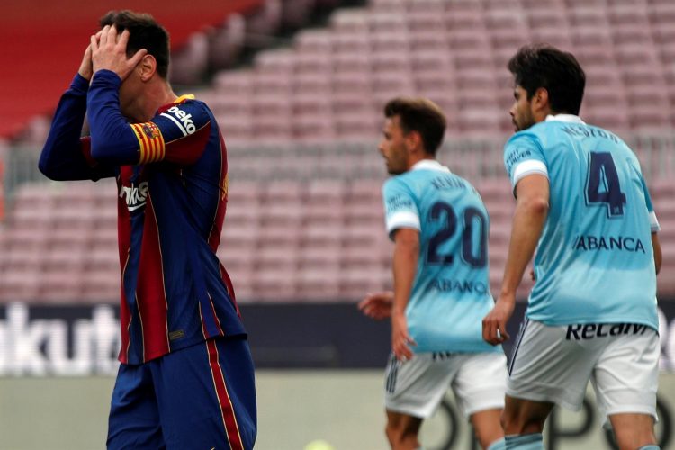 El jugador del FC Barcelona Leo Messi tras una ocasión durante el partido de la penúltima jornada de LaLiga en el Camp Nou de Barcelona. EFE/Alejandro García