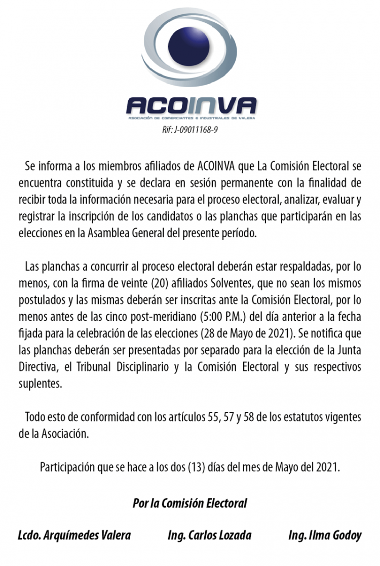 Aviso constitución Comisión Electoral ACOINVA