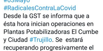 Reactivan operaciones en planta El Cumbe que surte de agua a Valera y Carvajal