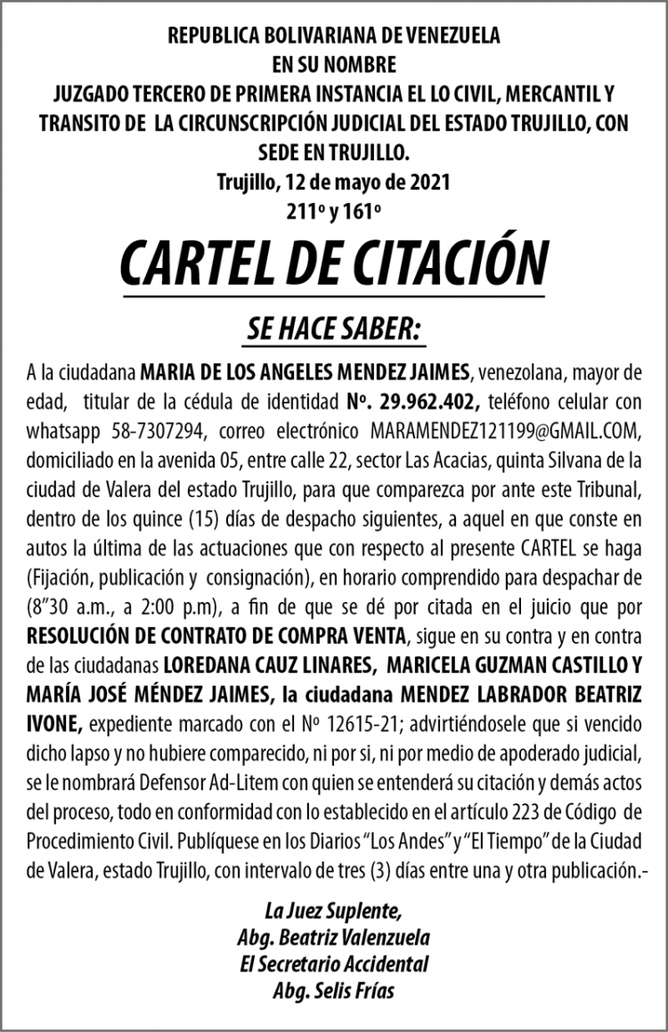 Cartel de citación María de los Angeles Mendez Jaimes