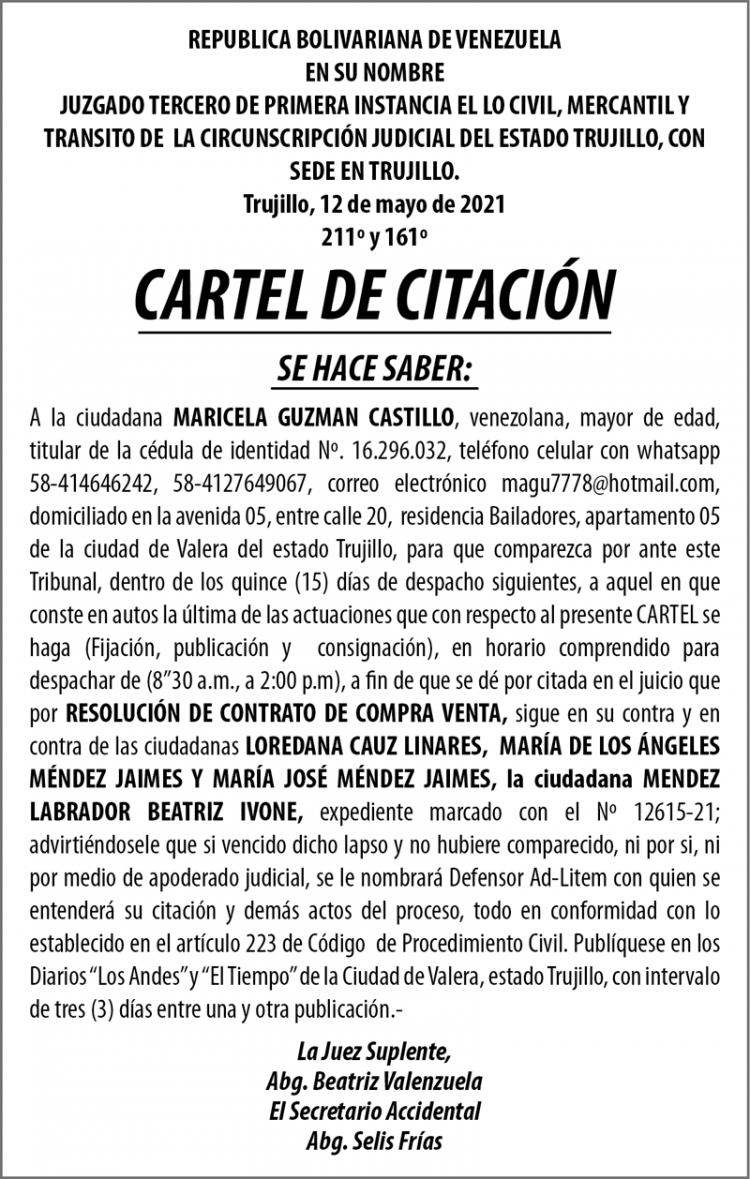 Cartel de citación Maricela Guzman Castillo