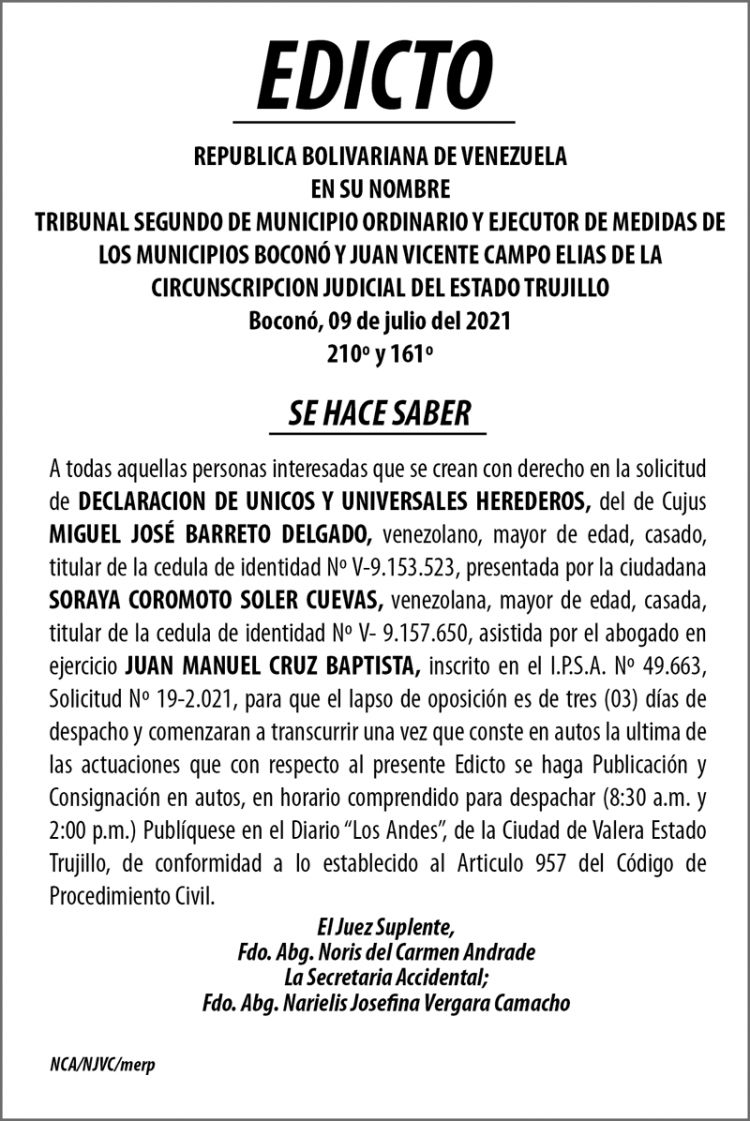 Edicto Miguel Jose Barreto Delgado