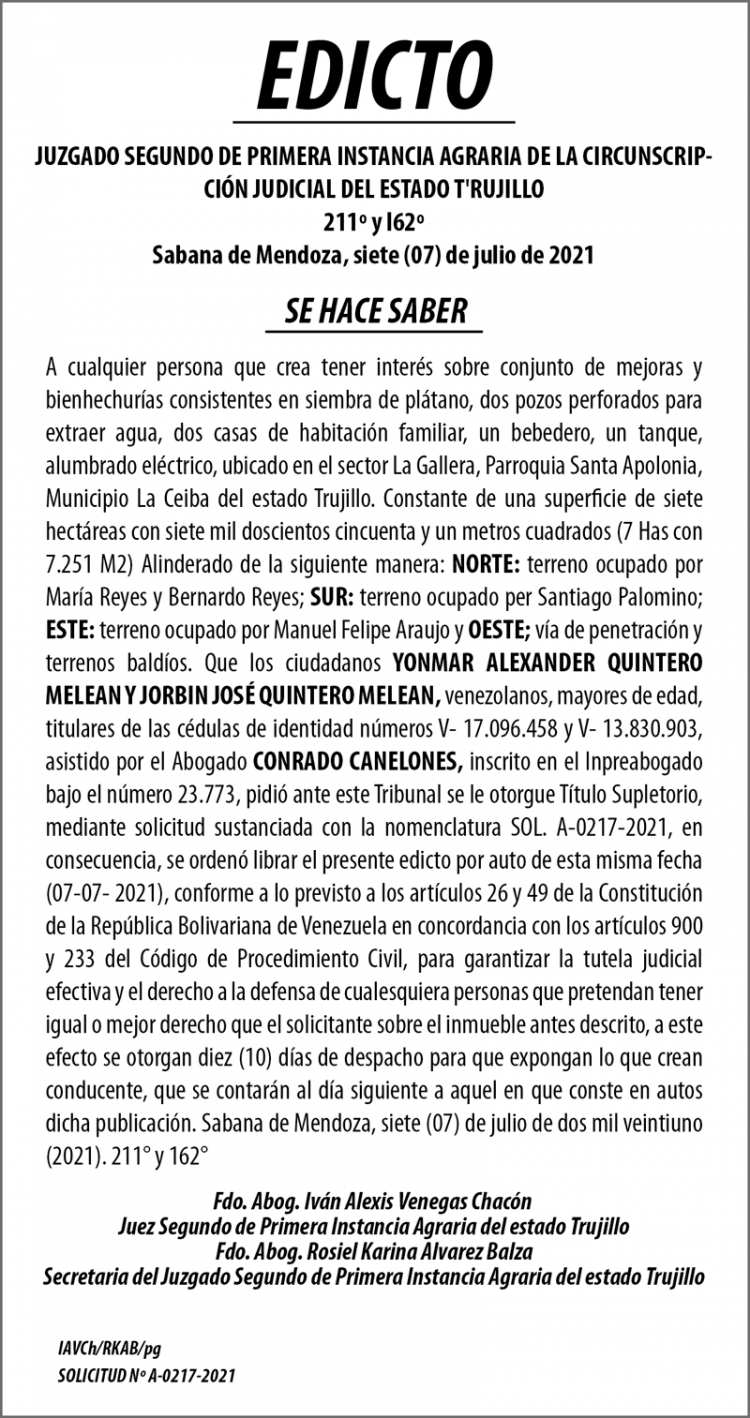 Edicto Yonmar Alexander Quintero Melean