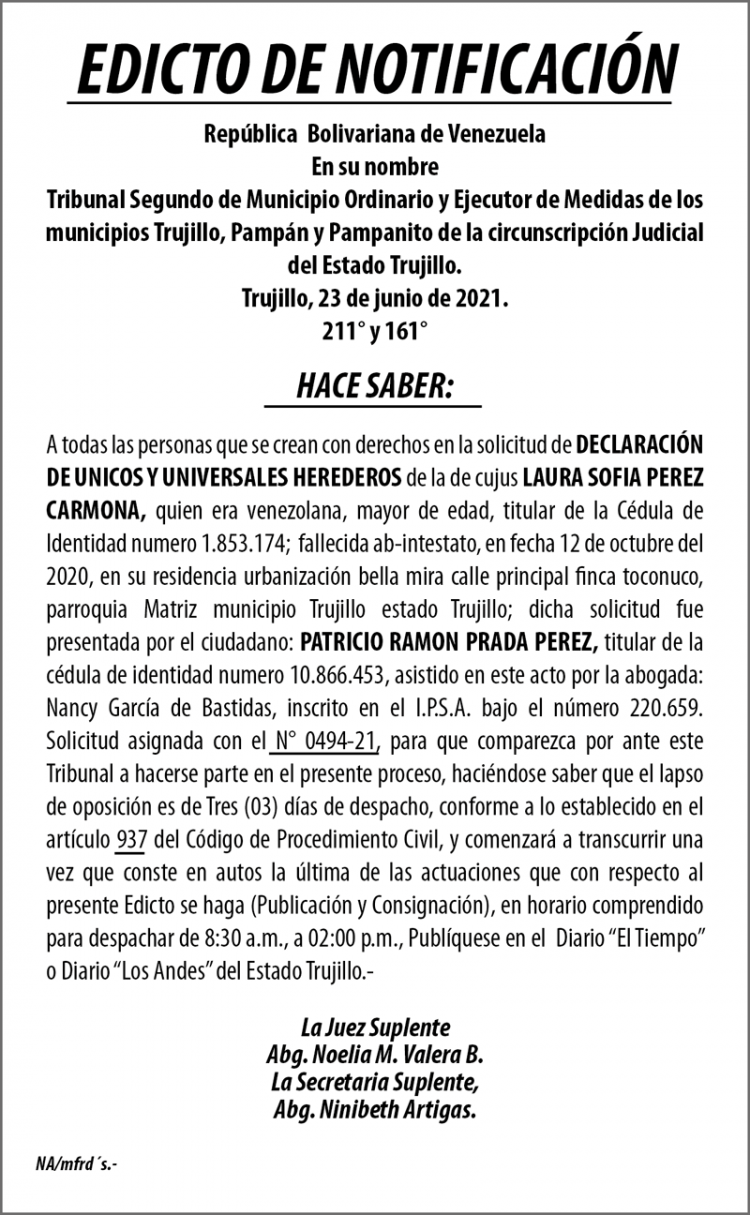 Edicto de Notificación Laura Sofia Perez Carmona