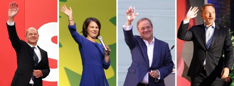 (i-d) El candidato socialdemócrata a la Cancillería alemana, Olaf Scholz, la candidata de Los Verdes, Annalena Baerbock, el aspirante conservador de la CDU Armin Laschet, y el líder del FDP, Christian Lindner . EFE/EPA