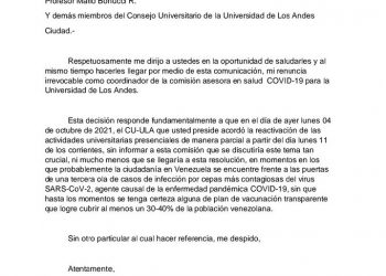 Renunció el coordinador de la comisión asesora en salud Covid-19 de la ULA