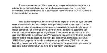 Renunció el coordinador de la comisión asesora en salud Covid-19 de la ULA