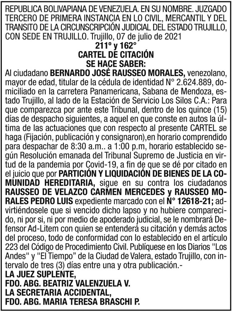 Cartel de Citación Bernardo José Rausseo Morales