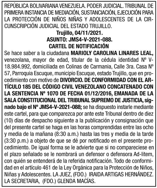 Cartel de notificacion Marioly Carolina Linares Leal