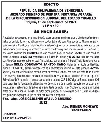 Edicto terreno sector Sabaneta para Alta, sector La Macarena, parroquia Monseñor Castillo, Municipio Trujillo