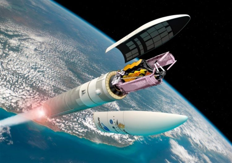 Impresión artística facilitada por la ESA del telescopio espacial James Webb separándose del cohete Ariane 5 tras el lanzamiento desde el puerto espacial europeo en la Guayana francesa. EFE
