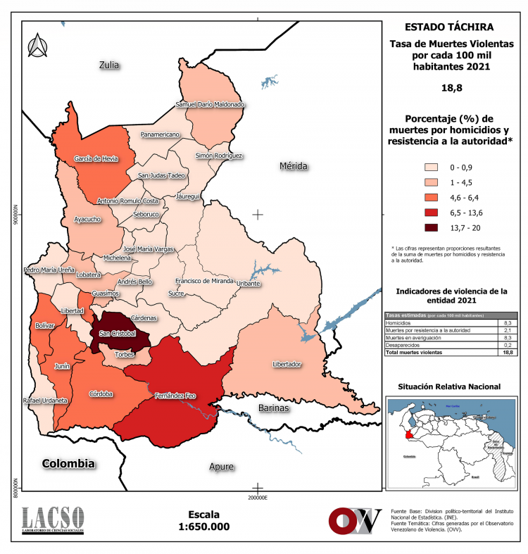 Distribución espacial de la violencia en Táchira.