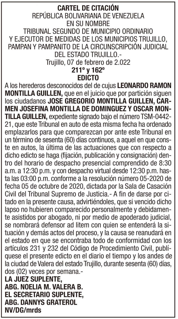 Cartel de citación a los herederos desconocidos del de cujus Leonardo Ramón Montilla Guillen
