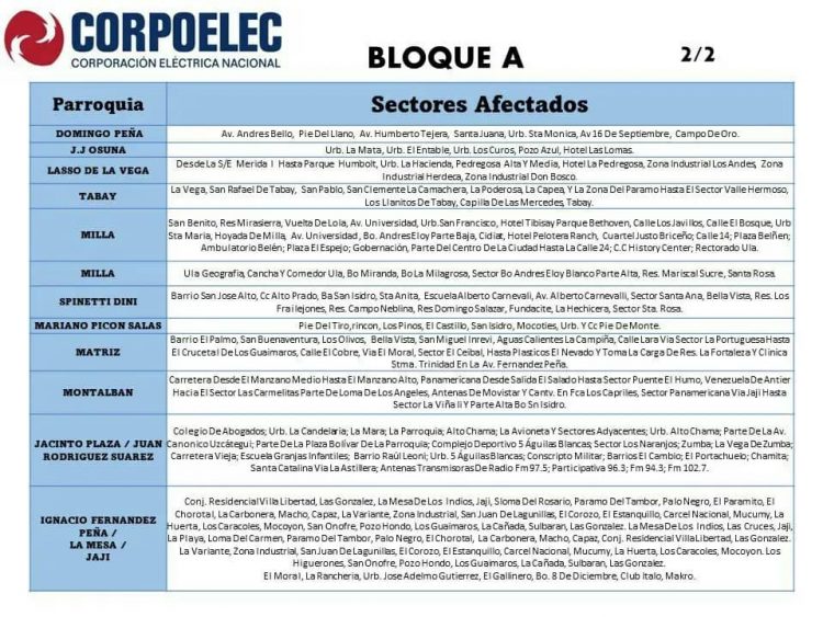 Corpoelec anuncia cronograma de administración de carga en Mérida