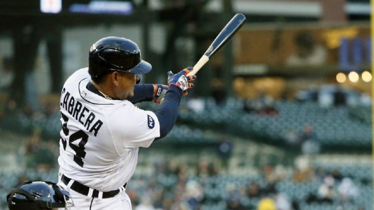 DETROIT, MI - APRIL 19: Miguel Cabrera #24 of the Detroit Tigers hits his 2,996 hit during the second inning of a game against the New York Yankees at Comerica Park on April 19, 2022, in Detroit, Michigan.   Duane Burleson/Getty Images/AFP (Photo by Duane Burleson / GETTY IMAGES NORTH AMERICA / Getty Images via AFP)