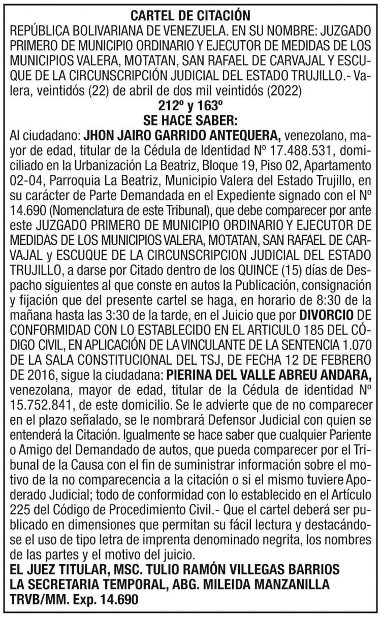 Cartel de citación al ciudadano Jhon Jairo Garrido Antequera