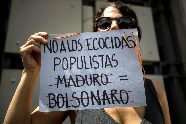 Fotografía de archivo en la que se registró a una mujer al protestar por la destrucción de la selva amazónica en Venezuela y Brasil, en Caracas (Venezuela). EFE/Miguel Gutiérrez