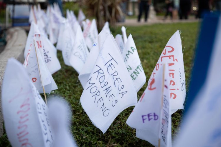 Banderines con los nombres de mujeres victimas de feminicidio durante una protesta contra la violencia machista en Caracas, en una fotografía de archivo. EFE/ Rayner Peña R.