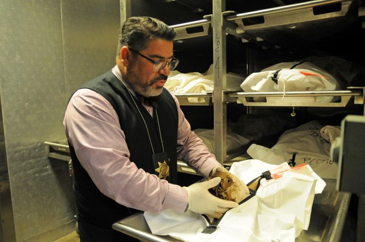 El investigador forense Gene Hernández, de la Oficina del Médico Forense del Condado de Pima muestra un cráneo durante una entrevista el 12 de septiembre de 2022 en la morgue de la oficina en Tucson, Arizona. EFE/María León