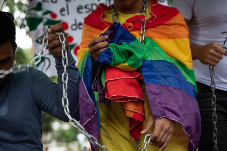 Activistas de la comunidad LGBTI participan en una marcha hasta la Asamblea Nacional, hoy en Caracas (Venezuela). EFE/ Rayner Peña R.