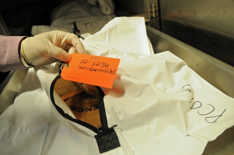 Un investigador de la Oficina del Médico Forense del Condado de Pima, Arizona (EE.UU.), muestra los restos de un inmigrante sin identificar en septiembre de 2022. EFE/María León