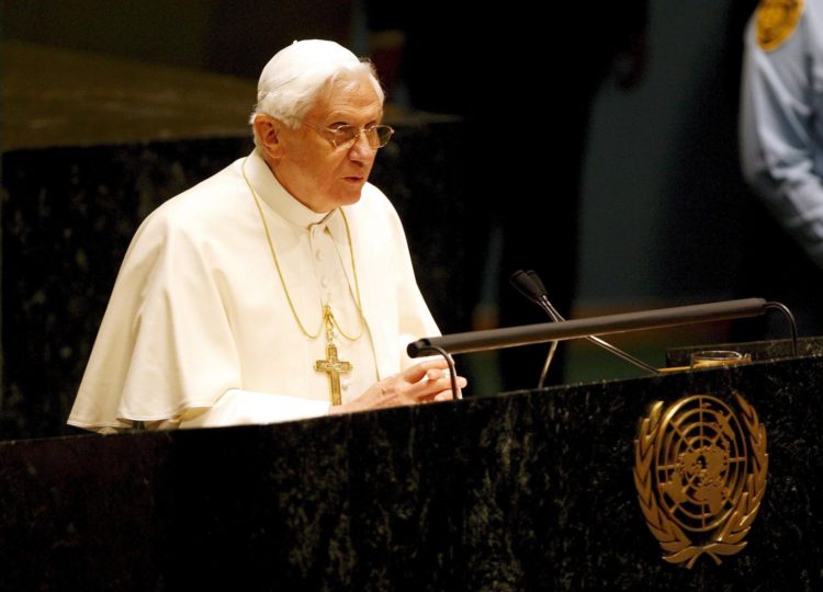 Imagen de Archivo del papa Benedicto XVI, durante el discurso que pronunció ante la Asamblea General de Naciones Unidas, en la sede de la ONU en Nueva York, Estados Unidos.
EFE/Matt Cambell