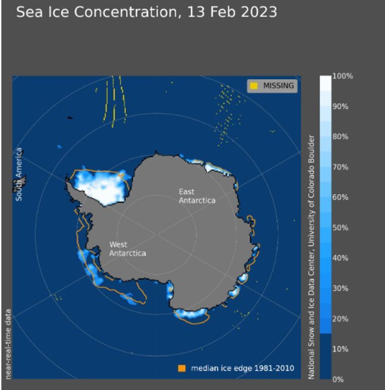 La extensión de hielo marino antártico ha registrado un nuevo mínimo histórico después de que el pasado 13 de febrero se redujera a 1,91 millones de kilómetros cuadrados. Fotografía facilitada por el Centro Nacional de Datos de Hielo y Nieve de Estados Unidos (NSIDC, sus siglas en inglés). EFE