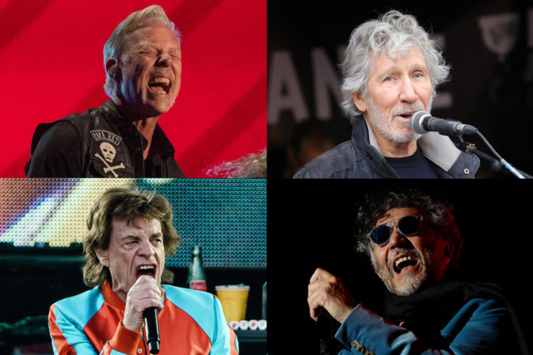 Combo de fotografías de archivo que muestra a James Hetfield, vocalista de Metallica (i-arriba); Roger Waters, cofundador de la banda Pink Floyd (d-arriba); Mick Jagger, vocalista de Rolling Stones (i-abajo); y Fito Páez, músico, compositor y cantante (d-abajo). EFE