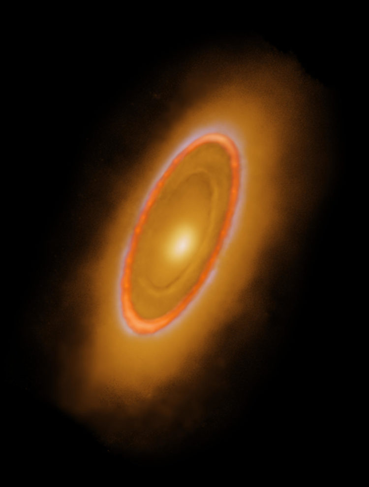 Imagen combinada de la estrella Fomalhaut usando una imagen tomada por el telescopio James WEBB, otra de 2020 del telescopio Hubble y una tercera del telescopio ALMA de 2017. Imagen facilitada por la revista Nature Astronomy/Adam Block. EFE