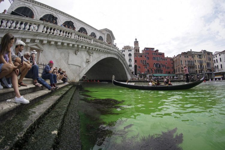 El agua del Gran Canal de Venecia teñida de verde fluorescente. EFE/EPA/ANDREA MEROLA