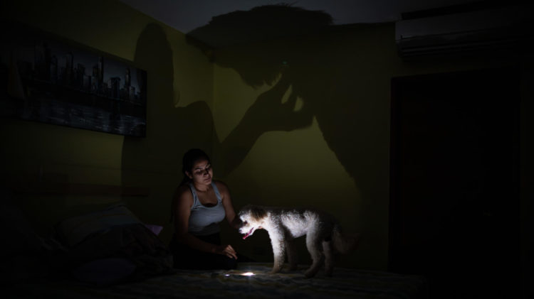 Una persona juega con su mascota en un apartamento sin electricidad, el 29 de mayo de 2023, en Maracaibo (Venezuela). EFE/ Henry Chirinos