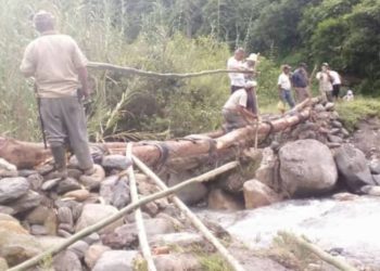 Construyen puente improvisado ante crecida de río en Boconó