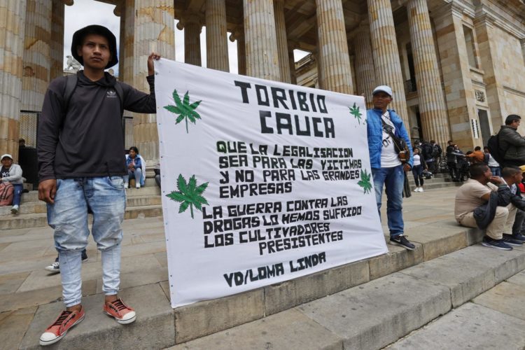 Indígenas y campesinos realizan hoy un plantón en apoyo a la regularización y legalización del cannabis de uso recreativo, frente al Congreso en Bogotá (Colombia). EFE/Mauricio Dueñas Castañeda