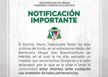 Hurtan ornamentos litúrgicos y sello episcopal de obispo de Mérida