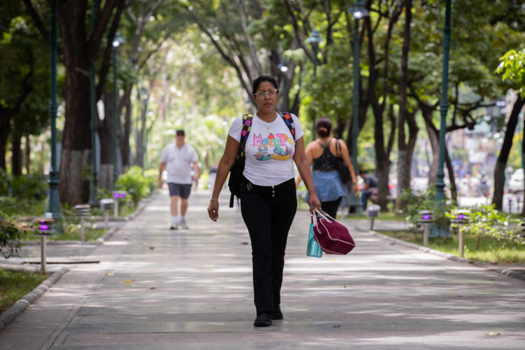 La maestra María Eugenia Ceballos fue registrada el pasado 2 de octubre, al caminar hacia el colegio donde labora, en Caracas (Venezuela).. EFE/Rayner Pena