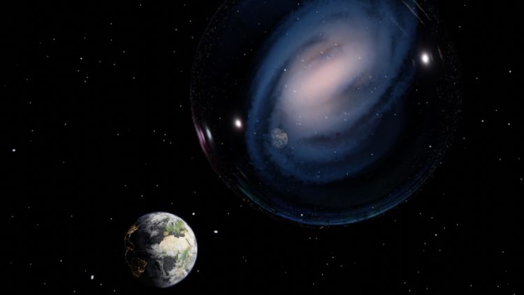 Representación artística de la galaxia espiral barrada ceers-2112, con estructura similar a la Vía Láctea, observada en el Universo primitivo. La Tierra se refleja en una burbuja que rodea a ceers-2112, recordando la conexión entre nuestra galaxia y ceers-2112. Créditos: Luca Costantin (CAB, CSIC-INTA).