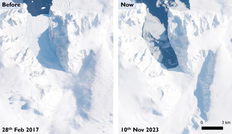 El glaciar Cadman antes y después del colapso de la plataforma de hielo. La imagen de la izquierda fue tomada en 2017 y muestra la plataforma de hielo. Una imagen tomada este mes, a la derecha, muestra la pérdida de la plataforma de hielo. Crédito: Comisión Europea, Agencia Espacial Europea, datos de Copernicus Sentinel-2, Benjamin Wallis.