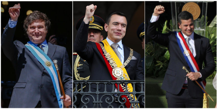 Combo de fotografías de archivo de los presidentes de Argentina, Javier Milei (i); de Ecuador, Daniel Noboa (c); y de Paraguay, Santiago Peña. EFE