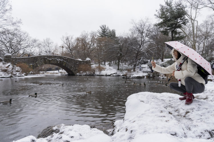 Una mujer fue registrada este martes, 16 de enero, al tomar una fotografía al paisaje nevado en el lago del Central Park, en Nueva York (NY, EE.UU.). EFE/Ángel Colmenares