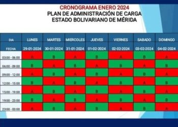 Plan de Administración de carga eléctrica para la semana del 29 de enero al 4 de febrero de 2024 para el estado Mérida
