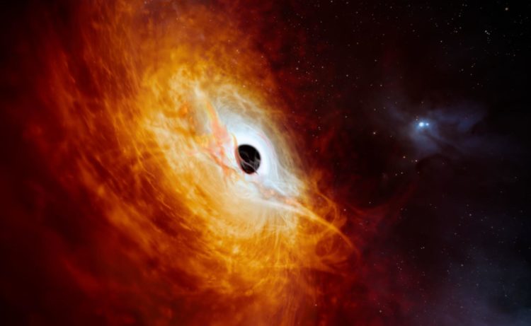 Reproducción artística que muestra el cuásar J059-4351, el núcleo brillante de una galaxia distante alimentado por un agujero negro supermasivo. Fotografía facilitada por ESO/M. Kornmess. EFE
