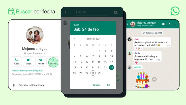 WhatsApp activa una función para buscar mensajes por fecha. Imagen facilitada por WhatsApp.