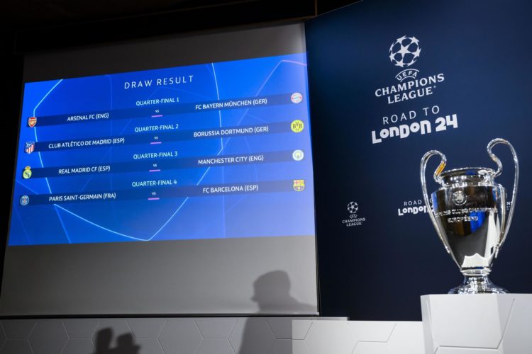 Emparejamientos de los cuartos de final, según el sorteo realizado este viernes en la sede de la UEFA en Nyon (Suiza). EFE/EPA/JEAN-CHRISTOPHE BOTT