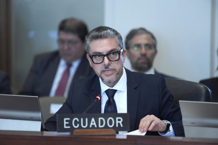 l viceministro de Movilidad Humana de Ecuador, Alejandro Dávalos, habla durante una reunión del Consejo Permanente de la Organización de los Estados Americanos (OEA) celebrada este martes en la sede del organismo en Washington (Estados Unidos). EFE/Lenin Nolly