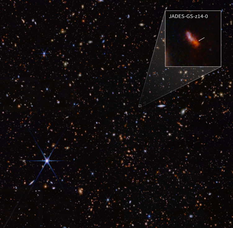 Imagen de la galaxia JADES-GS-z14-0. Crédito: NASA, ESA, CSA, STScI, B. Robertson (UC Santa Cruz), B. Johnson (CfA), S. Tacchella (Cambridge), P. Cargile (CfA)