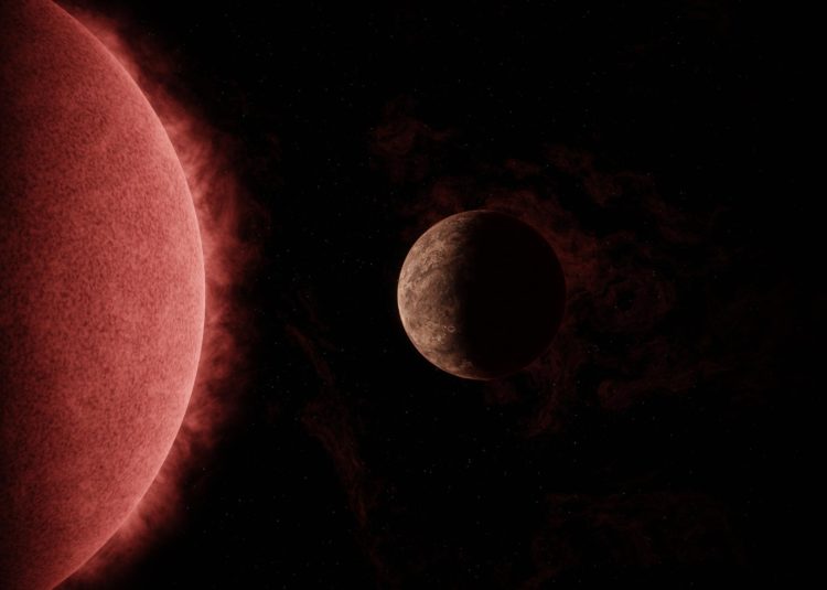 Representación artística del exoplaneta SPECULOOS-3 b en órbita alrededor de su estrella enana roja. El planeta es tan grande como la Tierra, mientras que su estrella es ligeramente mayor que Júpiter, pero mucho más masiva. EFE/Crédito: NASA/JPL-Caltech
